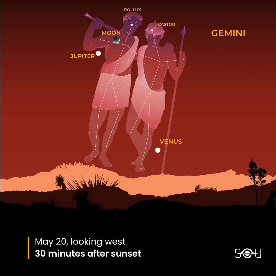 The Moon glides past Jupiter in Gemini on May 20, 2026