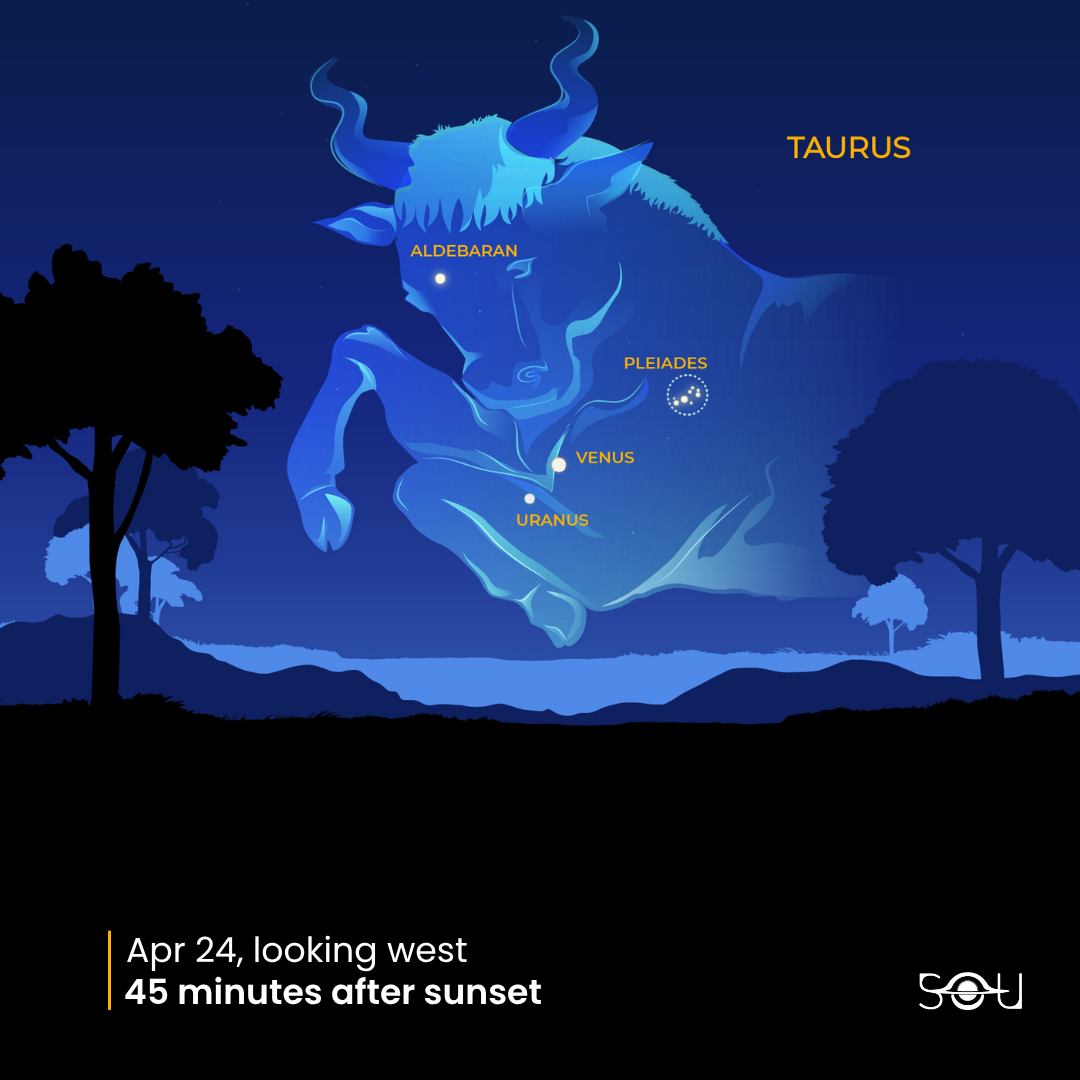 Venus passes close to Uranus near the Pleiades in Taurus on April 24, 2026, visible 45 minutes after sunset looking west.