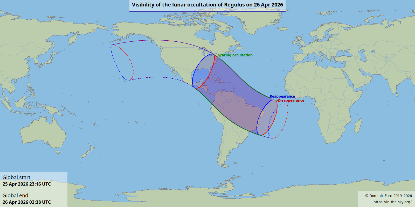 Map of lunar occultation of Regulus on April 26, 2026